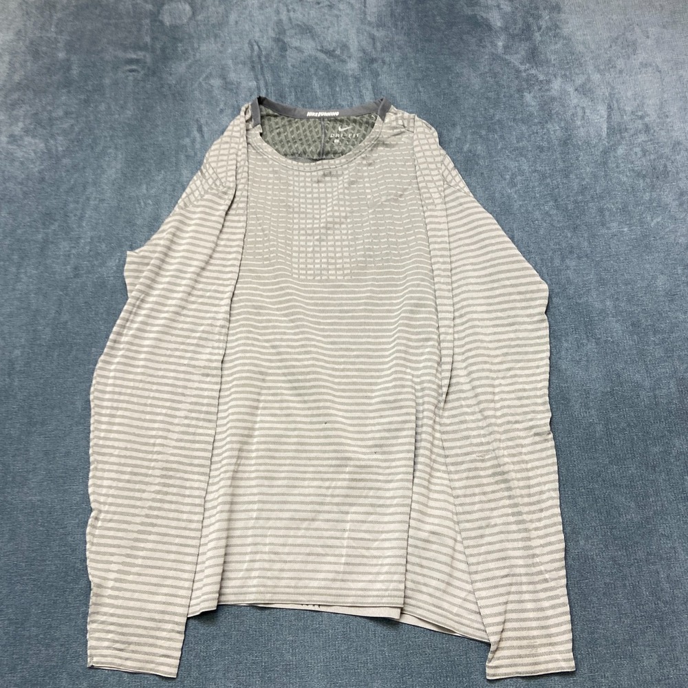 Nike Dri-Fit Running Shirt Mens L Gray Textured Striped Long Sleeve Round Neck